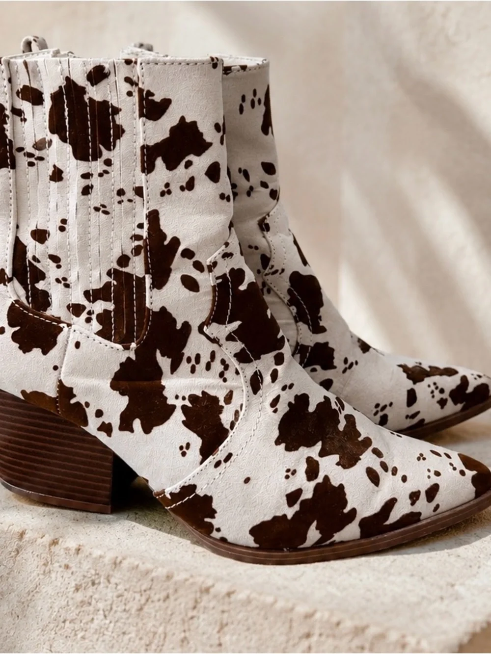 Cowhide Print Western Ankle Boots - White/Brown